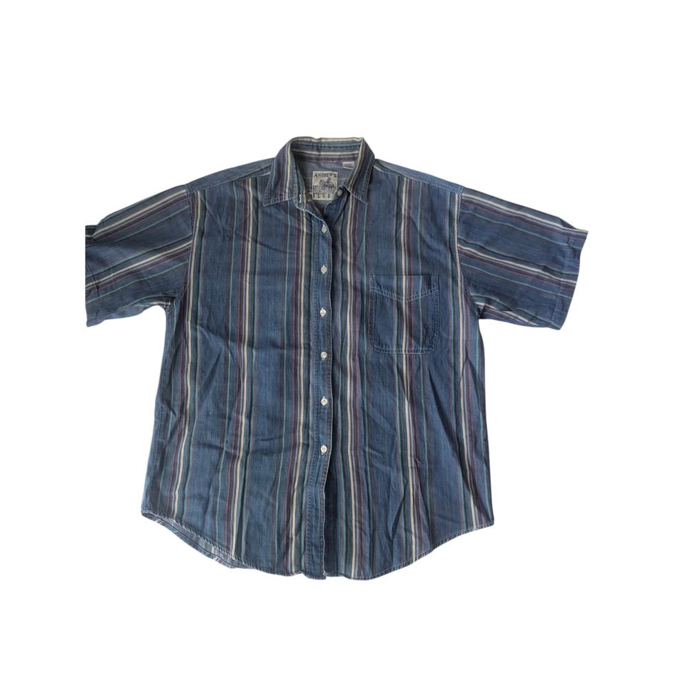 Andrews Blues Mens Large Blue Stripe Button Up Shirt 100% Cotton Short Sleeve